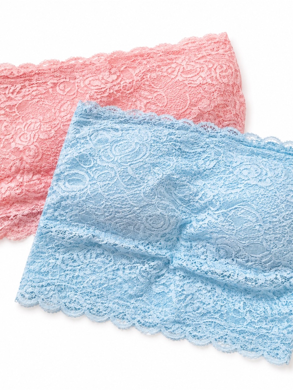 Itzon Lace Bandeau Duo Pink Blue OS Stretch Floral Lace Bralette Tube Top Set